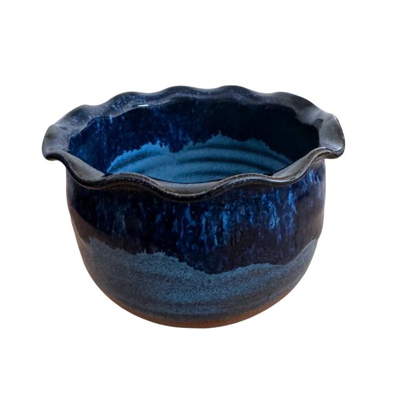 Joan Mallick Signed Two-toned Blue Pottery Bowl Drip Glaze Fluted Rim 4" X 2.25" - Picture 4 of 4